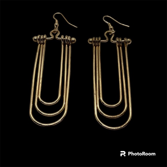 Gold Tone Nested Curve Wire Earrings Gear head Statement Dangle Pierced - Picture 1 of 7